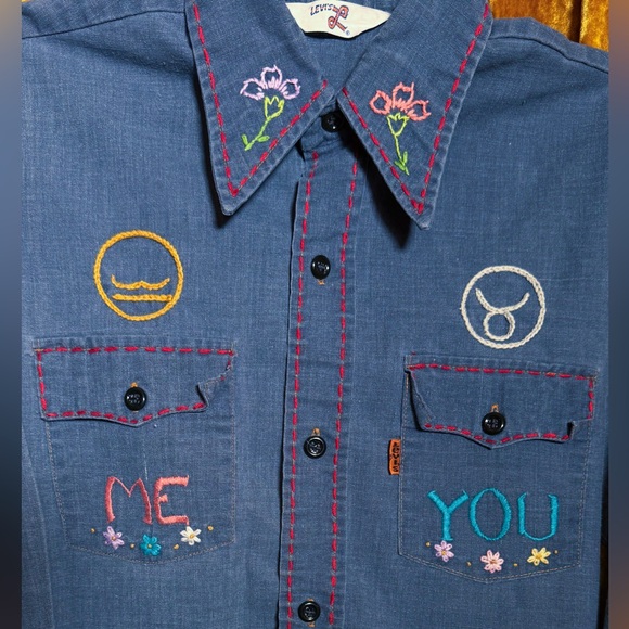 Vintage 60s–70s Levi’s Denim Button-Up Shirt•Hand-Embroidered•Classic Chambray - Picture 3 of 9